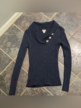 Mossimo Supply Co. Navy Ribbed Shawl-Collar Sweater with Button Accent Size L